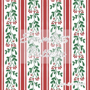 May include: A seamless pattern featuring red and white vertical stripes with green vines and red berries. The pattern is repeated throughout the image.