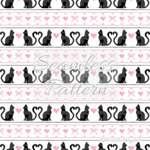 May include: A seamless pattern featuring black cats with their tails forming hearts, alternating with rows of pink hearts and bows on a white background.