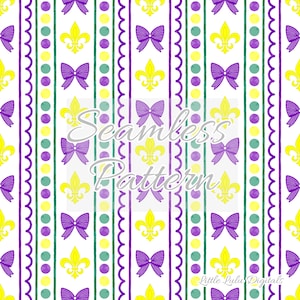 May include: A seamless pattern featuring alternating stripes of purple, green, and yellow. The pattern includes fleur-de-lis, bows, and polka dots. The text "Seamless Pattern" is written in the center of the image. The text "Little Lulu Digitals" is written in the bottom right corner of the image.