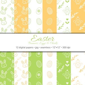 May include: Twelve digital papers featuring seamless patterns with Easter themes. The patterns include bunnies, eggs, chicks, and carrots in green, white, and yellow on a white background. Each paper is 12 inches by 12 inches and 300 dpi.