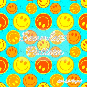 May include: A seamless pattern featuring yellow and orange smiley faces on a turquoise background with white dots.