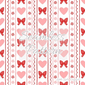 Può includere: Uno schema senza cuciture con file alternate di cuori rosa, fiocchi rossi e rose rosse e rosa. Lo sfondo è bianco.