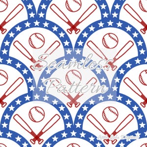 May include: A seamless pattern featuring red baseball bats crossed over a white baseball with red stitching, surrounded by a blue circle with white stars. The background is white.