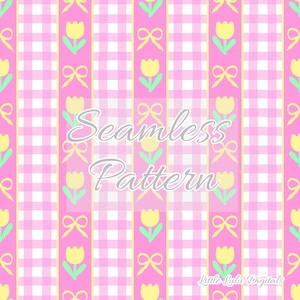 May include: A seamless pattern featuring yellow tulips, green leaves, and yellow bows on pink and white gingham stripes. The text "Seamless Pattern" is superimposed on the image.