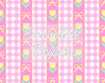 Preppy Easter seamless pattern - Watercolor Easter tulip bow gingham stripe seamless file - Easter floral bow gingham stripe repeat pattern