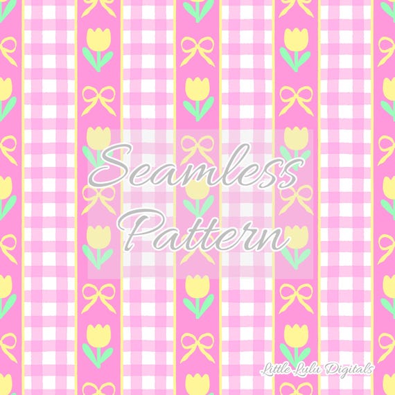 Preppy Easter seamless pattern - Watercolor Easter tulip bow gingham stripe seamless file - Easter floral bow gingham stripe repeat pattern