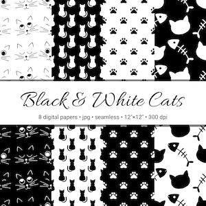 Carta digitale gatti in bianco e nero - Modello senza cuciture - Carta da bricolage - Carta per scrapbooking - Modello di superficie - Carta da parati - Sfondo