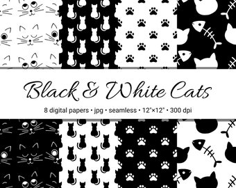 Black and White Cat Digital Paper - Seamless Pattern - Craft Paper - Scrapbook Paper - Surface Pattern - Fabric Pattern - Background