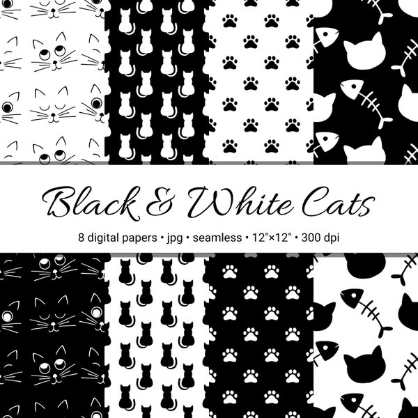 Black and white cats digital paper - Seamless pattern - Craft paper - Scrapbook paper - Surface pattern - Wallpaper - Background
