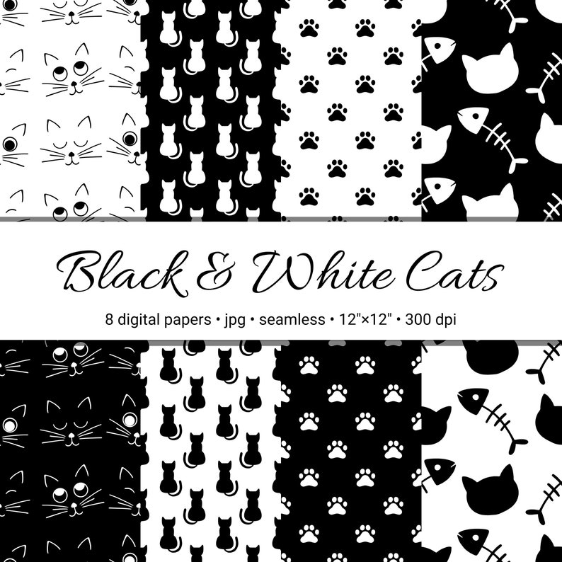 Black and white cats digital paper bundle