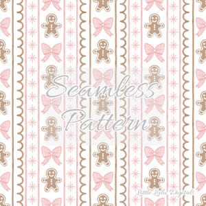 May include: A seamless pattern with gingerbread men, pink bows, and snowflakes on a white backdrop. Vertical stripes alternate between scalloped brown lines, pink lines, and white lines. The text "Seamless Pattern" is in the center.