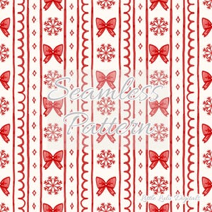 May include: A seamless pattern design featuring red bows, snowflakes, and diamond shapes on a cream background. Vertical red lines with a scalloped edge alternate with straight lines. The text "Seamless Pattern" is overlaid.
