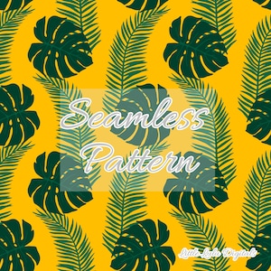 Könnte beinhalten: Ein nahtloses Muster mit grünen tropischen Blättern auf gelbem Hintergrund. Der Text "Seamless Pattern" ist über das Bild gelegt.