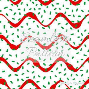 Könnte beinhalten: Nahtloses Muster mit roten Wellenlinien und grünem Konfetti auf weißem Hintergrund. Der Text "Seamless Pattern" befindet sich in der Mitte des Bildes.