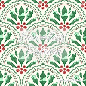 May include: A seamless pattern featuring green holly leaves and red berries in a repeating design. The background is a light cream color. The pattern is perfect for holiday crafts and projects.