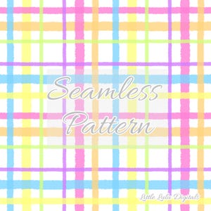 Peut inclure: Motif sans couture à carreaux pastel dans les tons rose, jaune, vert et bleu sur fond blanc. Les mots "Seamless Pattern" sont affichés au centre de l'image, avec "Little Lulu Digitals" en bas.