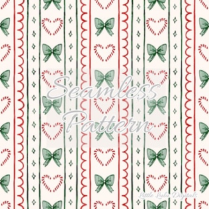 Christmas candy cane stripes and coquette bows seamless pattern - Red and green Christmas seamless file - Christmas repeat pattern
