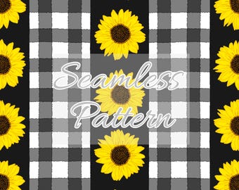 Padrão sem costura de listras xadrez vichy com girassóis em aquarela - Arquivo sem costura - Papel digital