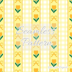 Peut inclure: Motif sans couture avec des tulipes jaunes, des nœuds et des feuilles vertes sur un fond à carreaux jaunes et blancs. Les mots "Seamless Pattern" sont au centre. Les mots "Little Lulu Digitals" sont en bas à droite.