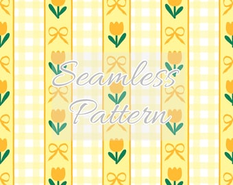 Easter seamless pattern - Watercolor Easter tulip bow gingham stripe seamless file - Easter floral bow gingham stripe repeat pattern