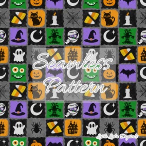 May include: A seamless digital pattern featuring a grid of Halloween icons including black cats, ghosts, pumpkins, candy corn, witches' hats, spiders, bats, mummies, and haunted houses in orange, purple, green, and black. The text Seamless Pattern is overlaid.