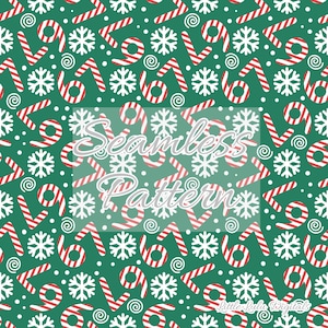 May include: Seamless pattern with red and white candy cane stripes, snowflakes, and the number 69 on a green background. The words "Seamless Pattern" are in the center of the image. The words "Little Lulu Digitals" are in the bottom right corner.