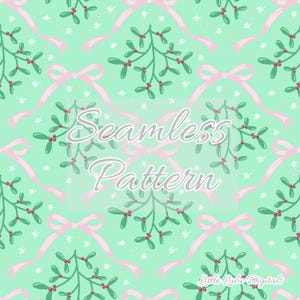 May include: Seamless pattern design featuring mistletoe branches with red berries, pink bows, and white stars on a light green background. The words "Seamless Pattern" are displayed in a cursive font. "Little Lulu Digitals" is written in the bottom right corner.