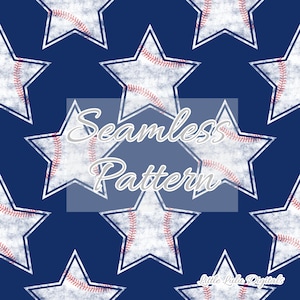 May include: Seamless pattern featuring white stars with red stitching on a dark blue background. The stars are designed to look like baseballs.