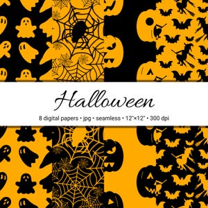 May include: Eight digital papers featuring Halloween themed patterns. The patterns include ghosts, bats, spiders, and jack-o-lanterns on a black and orange background. The papers are seamless and measure 12 inches by 12 inches.