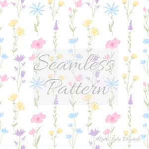 May include: A seamless pattern featuring watercolor-style flowers in pastel shades of pink, yellow, blue, and purple on a white background. The text "Seamless Pattern" is overlaid on the design. The design is by Little Lulu Digitals.