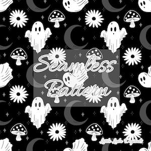 May include: Seamless pattern on a black background featuring white ghosts, daisies, mushrooms, and crescent moons. The words "Seamless Pattern" are written in a cursive font. The design is repeated across the image.