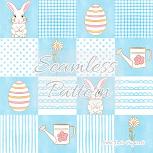 Puede incluir: Un diseño de patrón sin costuras con ilustraciones temáticas de Pascua. El patrón incluye conejitos blancos, huevos decorados, margaritas, regaderas y varios fondos geométricos azules y blancos. Las palabras "Seamless Pattern" se muestran.