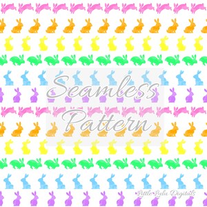 Peut inclure: Un motif sans couture composé de rangées de lapins de couleur pastel dans différentes poses. Les lapins sont roses, orange, jaunes, verts, bleus et violets. Le motif est parfait pour les projets et les travaux manuels de Pâques.