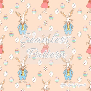 Könnte beinhalten: Nahtloses Muster mit Cartoon-Hasen in blauen Anzügen und rosa Kleidern, umgeben von bunten Ostereiern auf pfirsichfarbenem Hintergrund. Der Text "Seamless Pattern" ist überlagert. Design von Little Lulu Digitals.