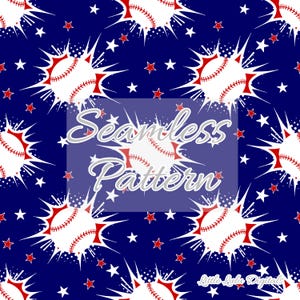 May include: A seamless pattern featuring white baseballs with red stitching in a burst of white against a dark blue background with red and white stars. The text "Seamless Pattern" is in the center of the image.