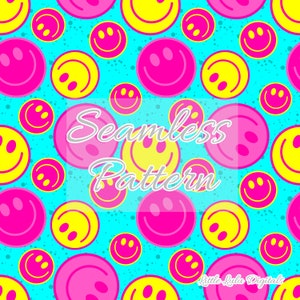 May include: A seamless pattern featuring bright pink and yellow smiley faces on a turquoise background. The pattern is perfect for adding a fun and cheerful touch to any project.