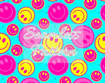 Pink & Yellow Happy Face Seamless Pattern - Summer Fabric, Swim Safe Seamless File - Digital Paper