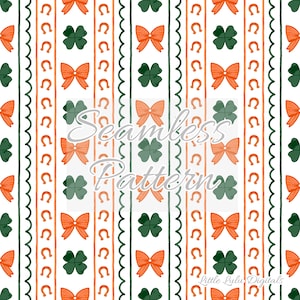 Peut inclure: Motif sans couture avec des nœuds orange, des trèfles verts et des fers à cheval sur fond blanc. Le motif comprend des rayures verticales vertes, oranges et blanches, avec le texte "Seamless Pattern".