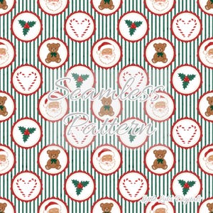 May include: A seamless Christmas pattern with repeating elements on a striped background. The design includes Santa Claus faces, teddy bears, candy cane hearts, and holly sprigs, all within decorative circular frames. The text "Seamless Pattern" is overlaid.