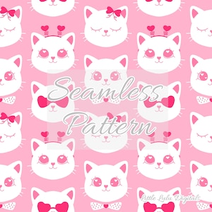 May include: A seamless pattern featuring white cat faces with pink accents on a pink background. The cats have different expressions, including closed eyes, hearts, and bows. The text "Seamless Pattern" is written in gray on the pink background.
