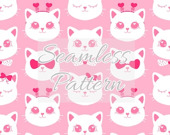 May include: A seamless pattern featuring white cat faces with pink accents on a pink background. The cats have different expressions, including closed eyes, hearts, and bows. The text "Seamless Pattern" is written in gray on the pink background.