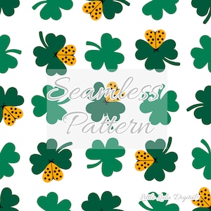 Könnte beinhalten: Ein nahtloses Muster mit grünen vierblättrigen Kleeblättern und gelben Marienkäfern auf weißem Hintergrund. Der Text "Seamless Pattern" befindet sich in der Mitte des Bildes.