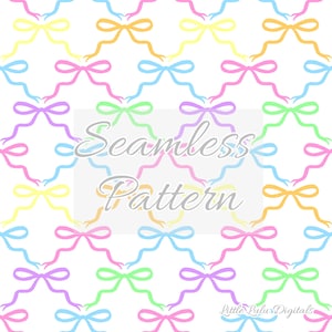 Könnte beinhalten: Ein nahtloses Muster mit bunten Schleifen in einem sich wiederholenden Muster auf weißem Hintergrund. Die Schleifen sind in den Farben Gelb, Orange, Rosa, Lila, Blau und Grün.