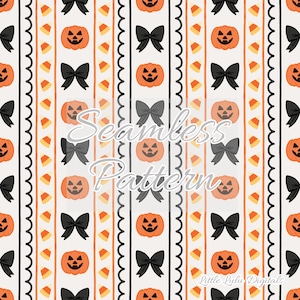 May include: A seamless Halloween pattern featuring orange jack-o'-lanterns, black bows, and candy corn on a cream background. Vertical stripes with black scalloped edges and orange lines add to the festive design. The text "Seamless Pattern" is visible.