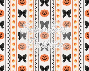 Halloween Candy Corn Coquette Bow Stripes Seamless Pattern - Seamless File - Digital Paper