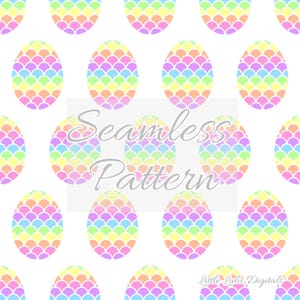 May include: Seamless pattern featuring pastel-colored Easter eggs with a scale-like design. The eggs are arranged on a white background. The text "Seamless Pattern" is overlaid on the image. The design is by Little Lulu Digitals.