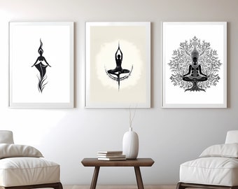 Láminas artísticas con posturas de yoga, decoración zen en blanco y negro (descarga digital)