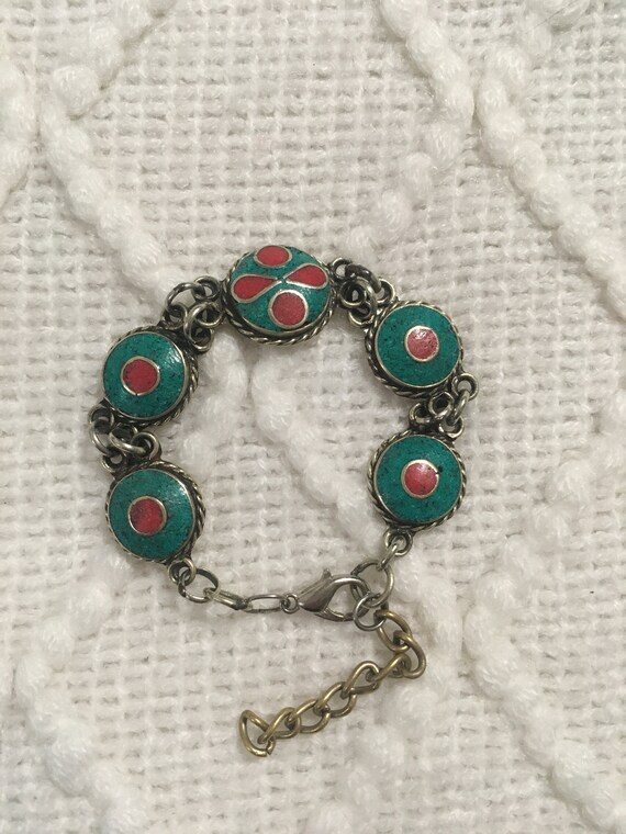 Southwestern Style Red And Green Design Silver Ton