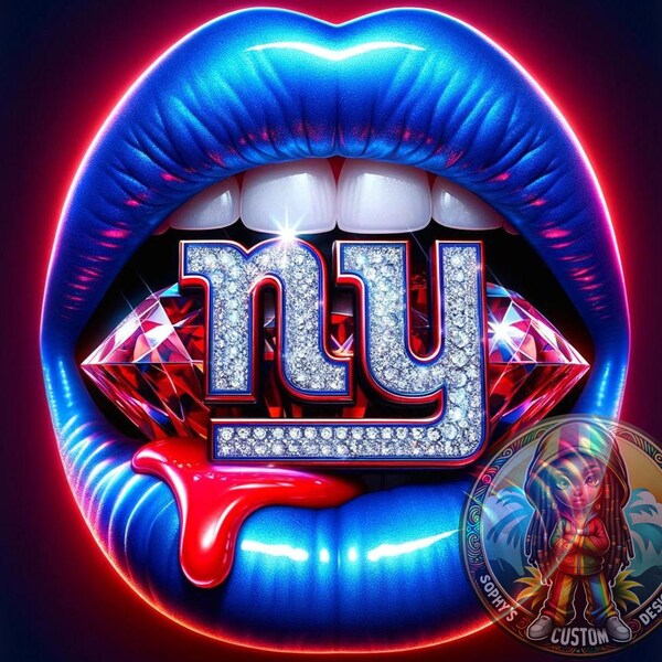 Vibrant Neon Lips & Gem-Encrusted Emblem Tumbler Wrap - 20 oz PNG (NY Giants)