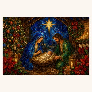 Sapphire Ruby Nativity Stained Glass Tumbler Wrap PNG, 20oz Skinny Sublimation Design, Digital Download